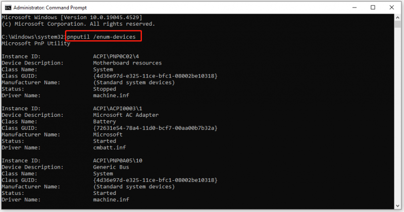   execute pnputil /enum-devices