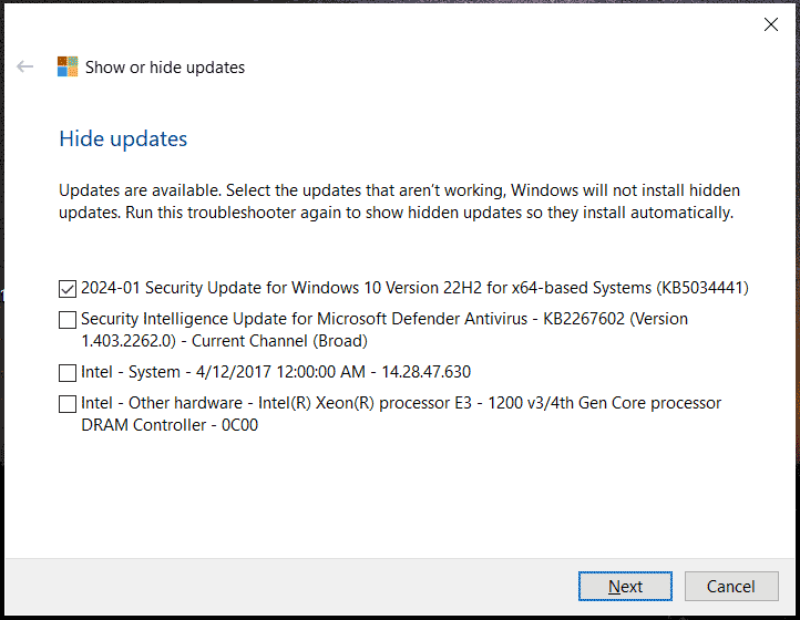   sembunyikan Windows 10 KB5034441