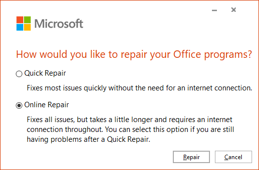 Réparation en ligne Microsoft Office