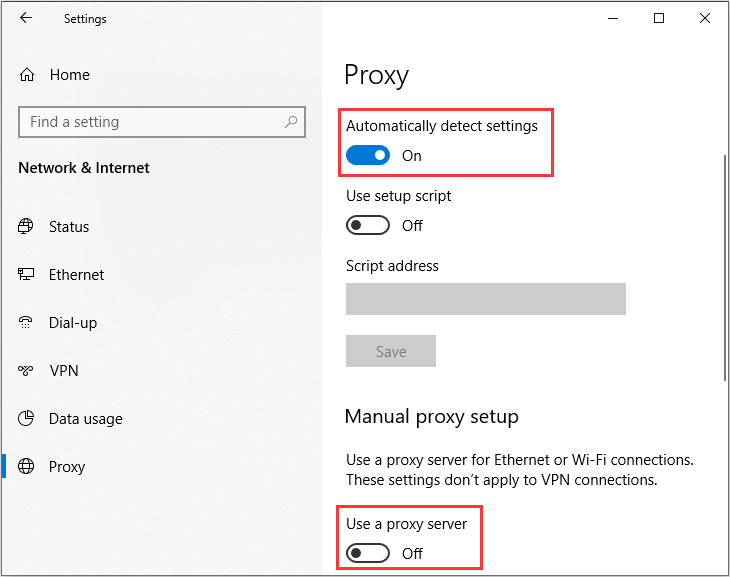 désactiver Utiliser un serveur proxy