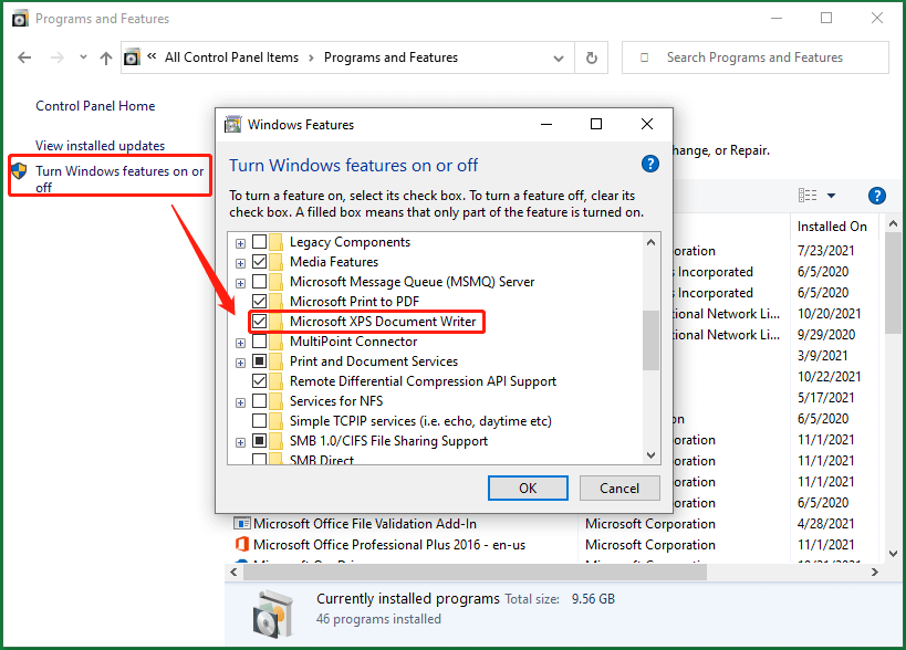 povolit službu Microsoft XPS Document Writer