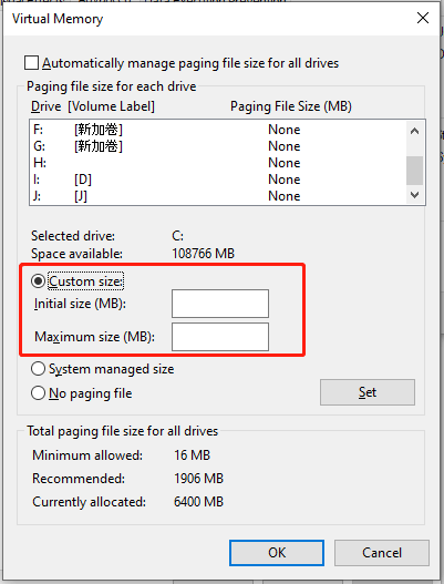   Digite o tamanho inicial e o tamanho máximo