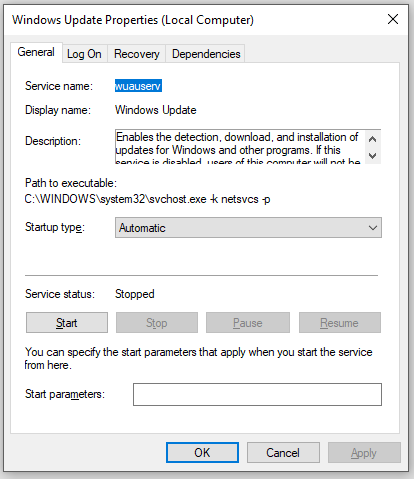   reinicie o serviço Windows Update