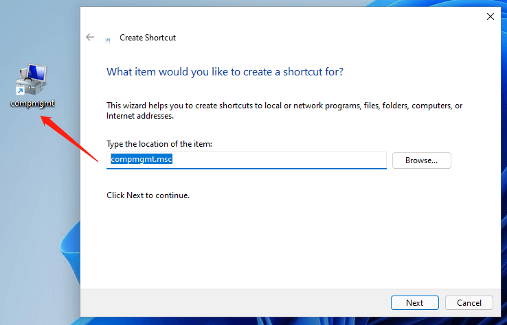Abra o gerenciamento do computador Windows 11 por meio de um atalho na área de trabalho