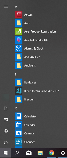   liste alle installerede apps i Start-menuen på Windows 10
