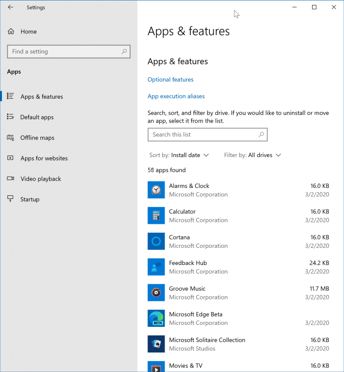   find og se installerede apps i Indstillinger Windows 10