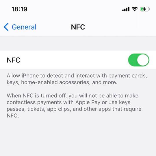 iPhone genel ayarlarında NFC