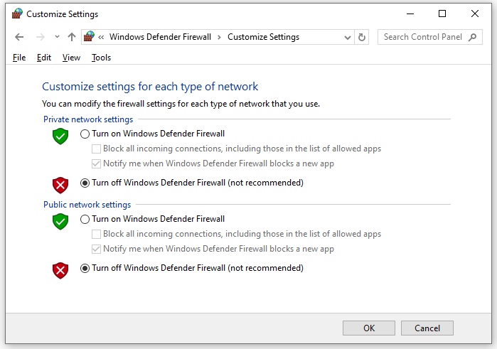   Schakel Windows Defender Firewall uit (niet aanbevolen)