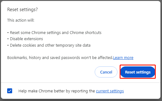   i-click ang I-reset ang mga setting