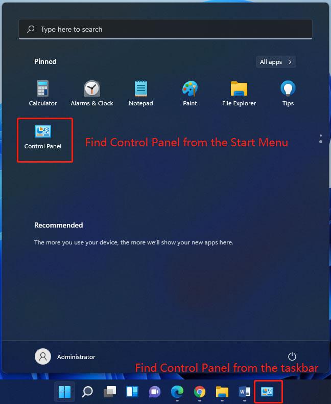 tìm Control Panel từ menu Start hoặc thanh tác vụ