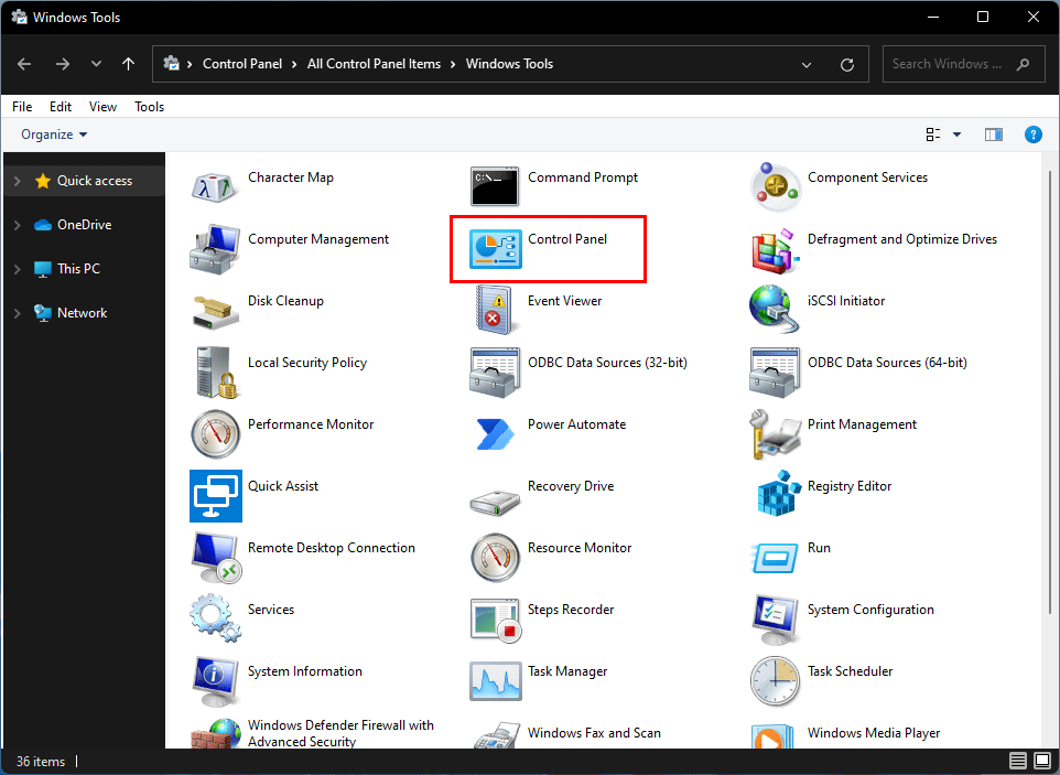 atidarykite Valdymo skydą iš „Windows“ įrankių