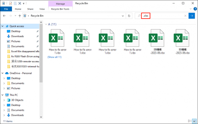   buscar archivos de Excel en la Papelera de reciclaje