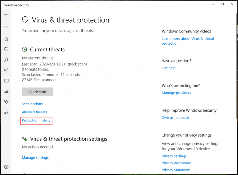   Cronologia della protezione di sicurezza di Windows