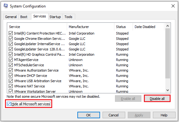   configuración en la pestaña Servicios