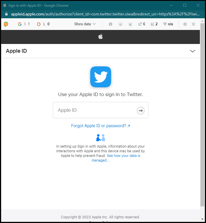   Connexion Twitter avec Apple ID