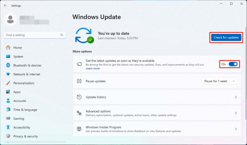   patikrinkite, ar nėra naujinimų „Windows Update“.