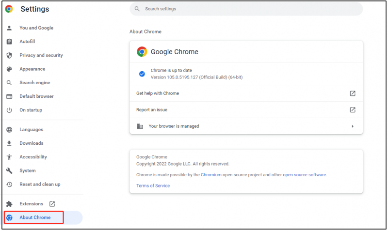   patikrinkite, ar nėra „Google Chrome“ naujinių