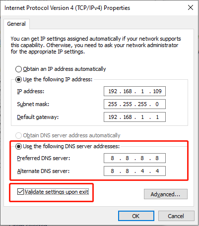   ange DNS-serveradresser och markera Validera inställningar vid utgång