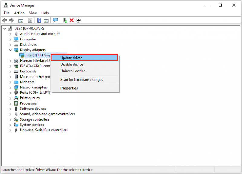   i-update ang display driver sa Device Manager