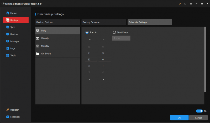   Backup automático das configurações do MiniTool ShadowMaker Schedule