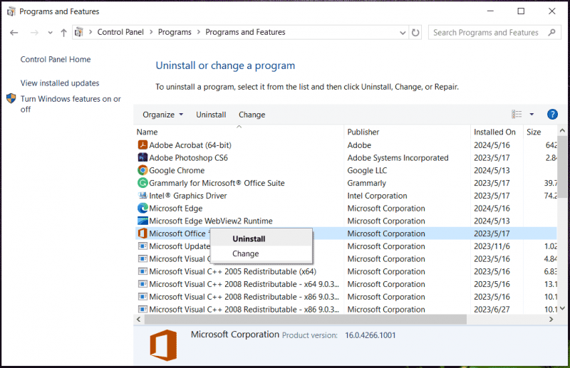   thay đổi Microsoft Office trong Control Panel