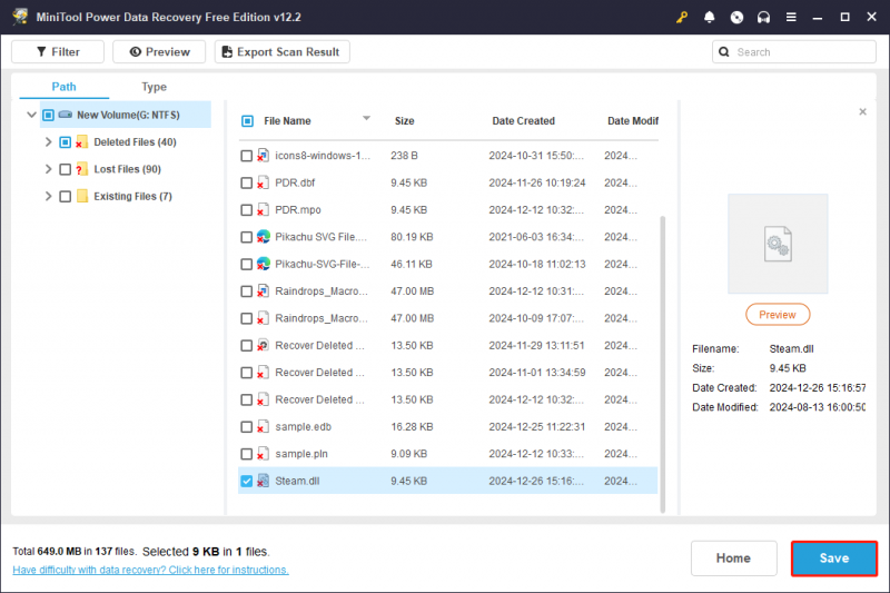   clique no botão Salvar para salvar os arquivos recuperados no MiniTool Power Data Recovery