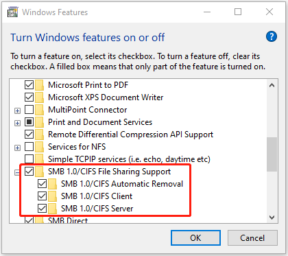 проверете опциите под Поддръжка за споделяне на файлове SMB 1.0/CIFS