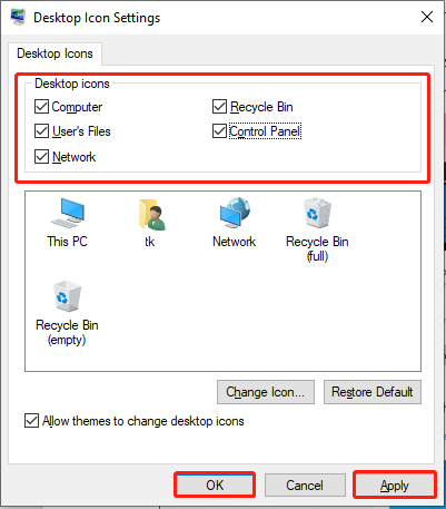   marque as caixas e clique em OK para aplicar as configurações