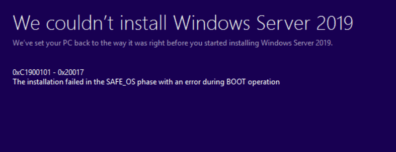   Установка Windows Server 2019 не удалась