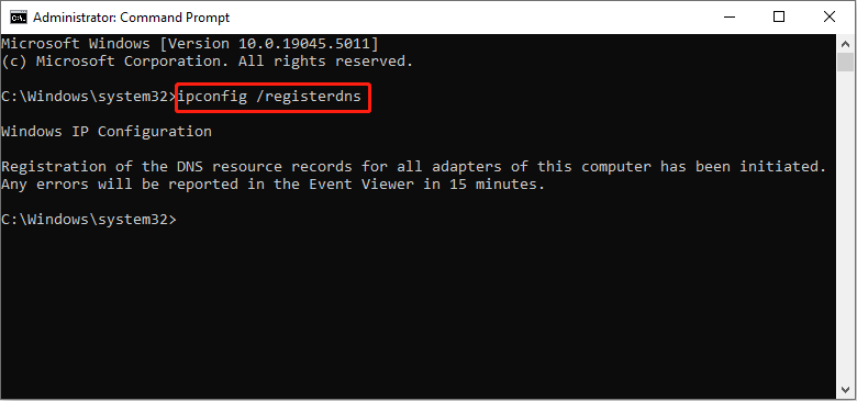   patakbuhin ang command upang irehistro ang DNS sa Command Prompt