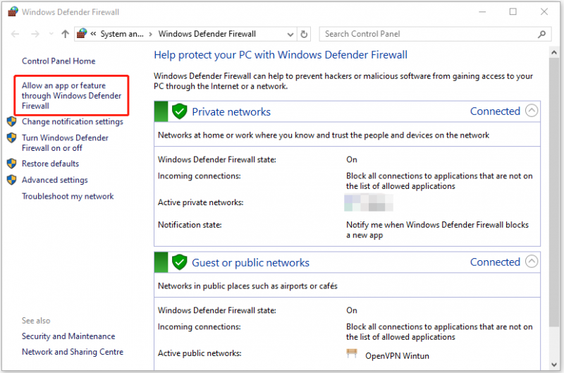   klik Benarkan apl atau ciri melalui Windows Defender Firewall