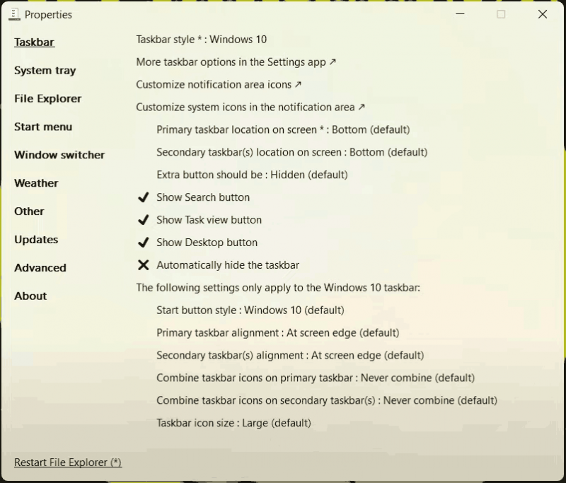   Pagina delle proprietà di Explorer Patcher per Windows 11