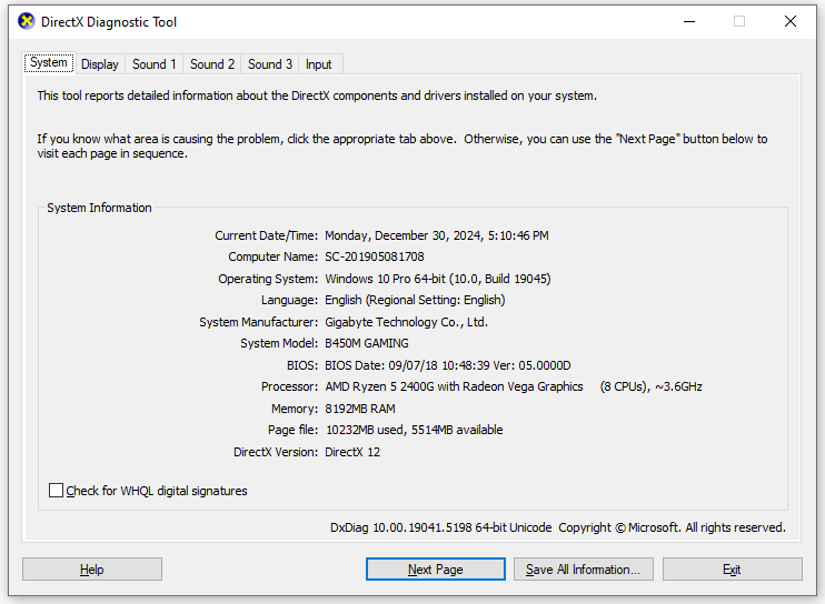   verifique as informações do sistema por meio da ferramenta de diagnóstico DirectX