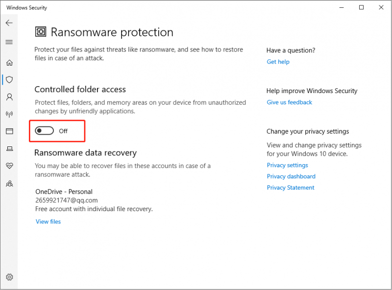   desative as configurações de acesso controlado a pastas nas configurações do Windows