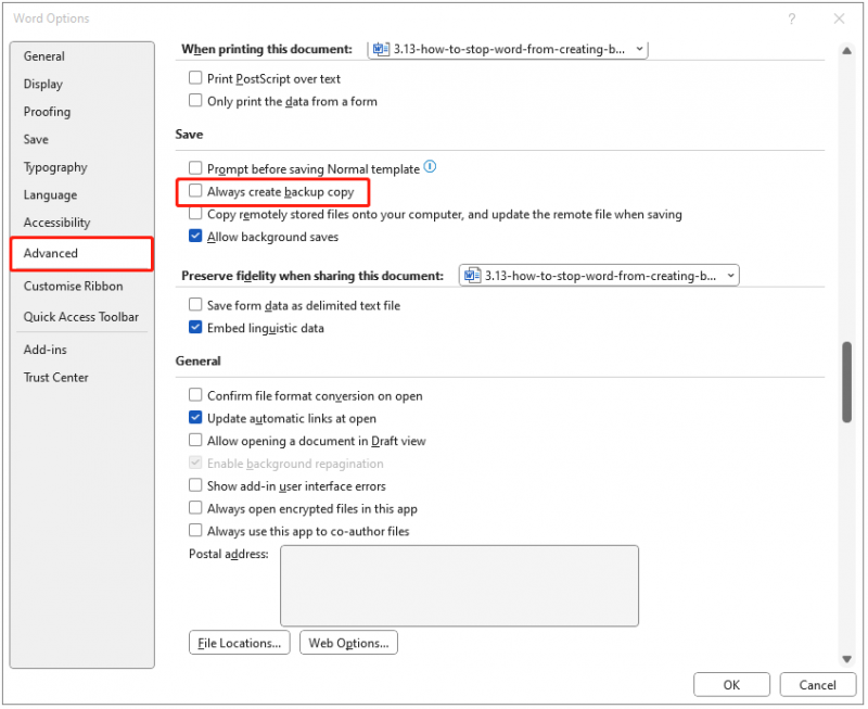   desmarque a opção Sempre criar cópia de backup