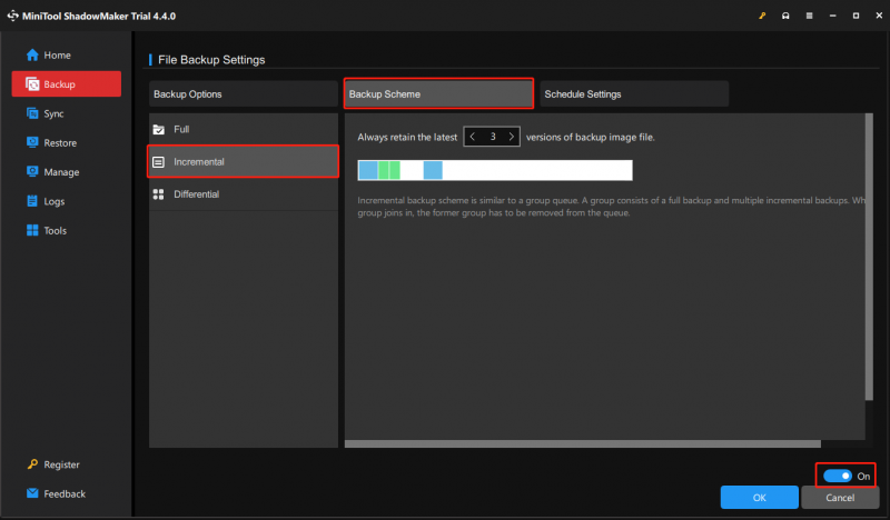   ativar o esquema de backup