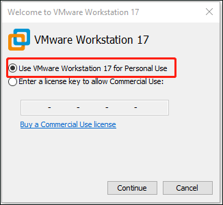   valitse Käytä VMware Workstation 17:ää henkilökohtaiseen käyttöön