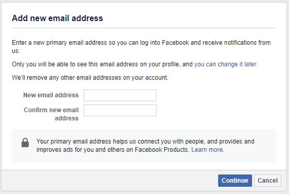 adicionar novo endereço de e-mail ao Facebook