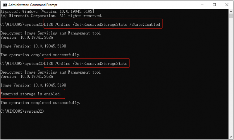   use o DISM para habilitar o armazenamento reservado e verificar seu status