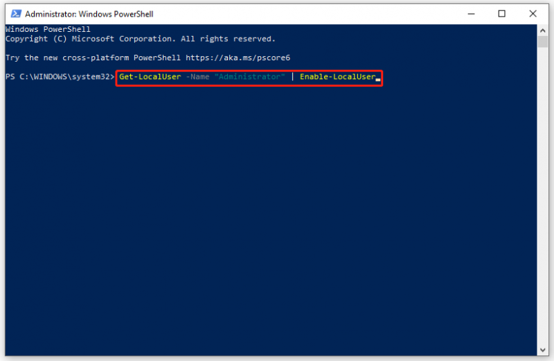   abilitare il tuo account Super Administrator tramite Windows PowerShell