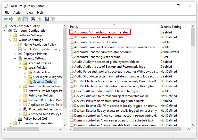   Suchen Sie die Richtlinie „Konten: Administratorkontostatus“ im Editor für lokale Gruppenrichtlinien
