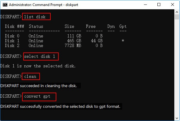   execute os comandos para converter MBR em GPT