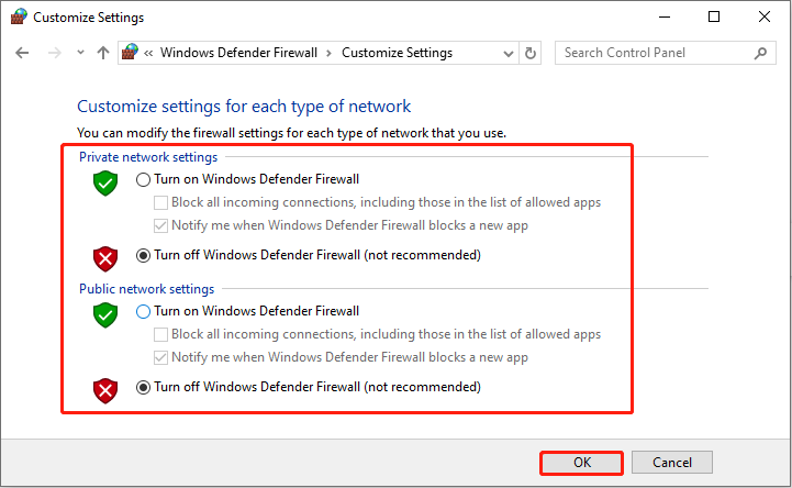   desligue o Firewall do Windows Defender com Painel de Controle