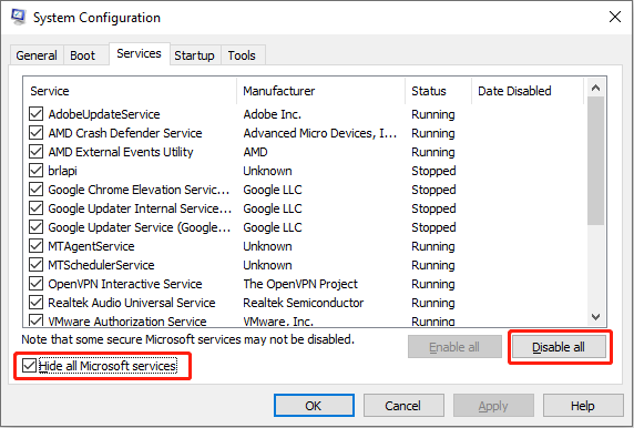   désactiver tous les services Microsoft via la configuration système