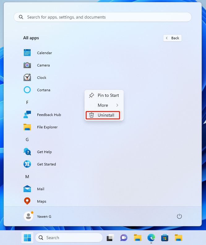   hapus instalan aplikasi bawaan dari menu Mulai