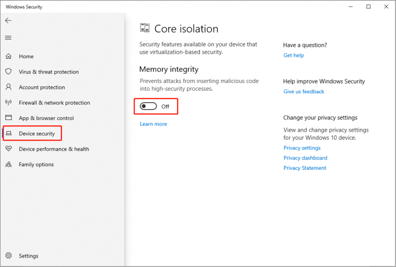   desligue o Core Isolation na Segurança do Windows