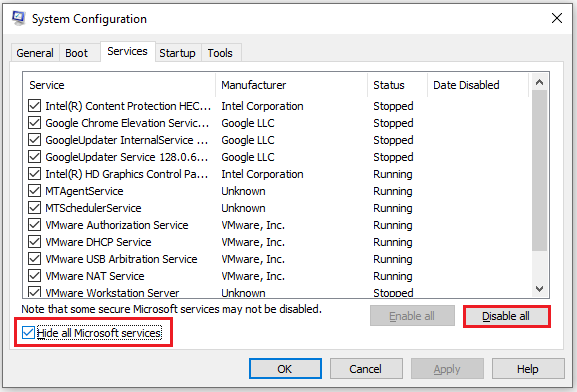   configuración en la pestaña Servicios