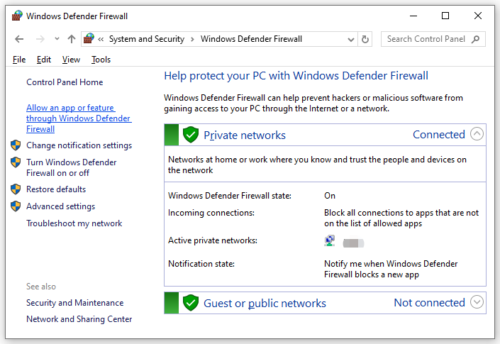   Windows Defender Firewall மூலம் ஒரு பயன்பாடு அல்லது அம்சத்தை அனுமதி என்பதைத் தேர்ந்தெடுக்கவும்