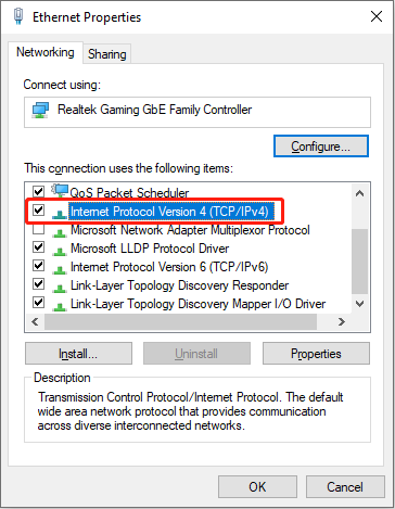   velg Internett-protokollversjon 4 (TCP/IP)