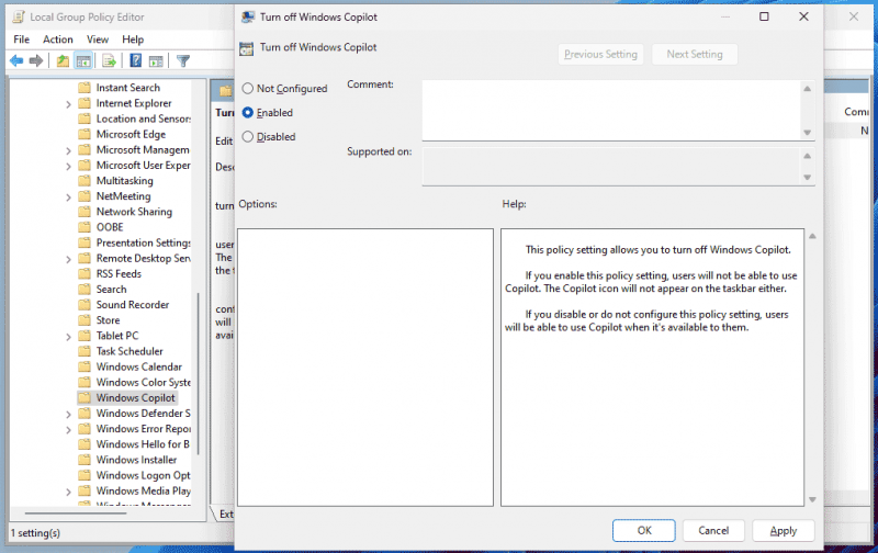   ปิดการใช้งาน Windows 11 Copilot ผ่านนโยบายกลุ่ม